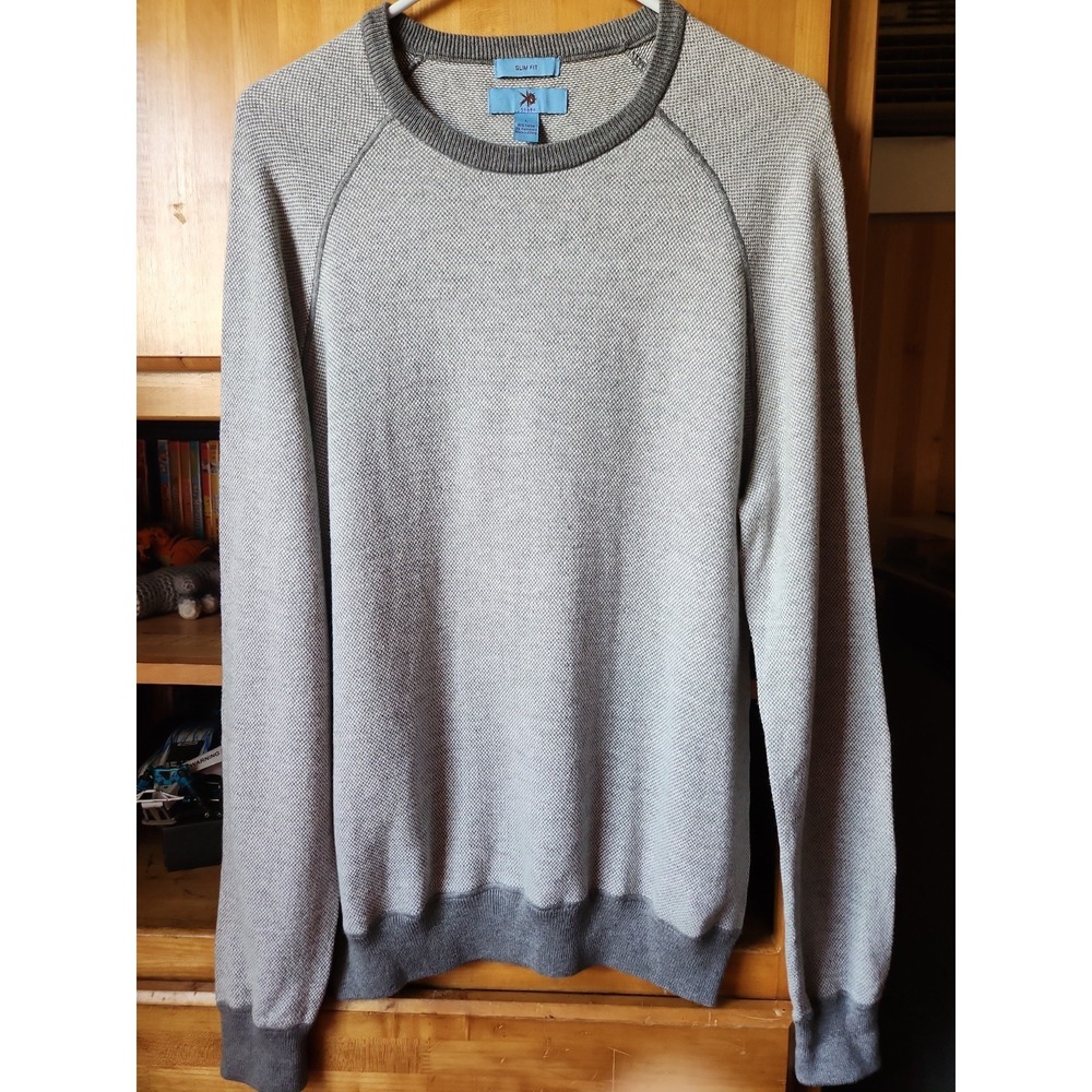 Men's Egara Grey Crew-Neck Cotton/ Cashmere Blend Slim Fit Sweater Size Large